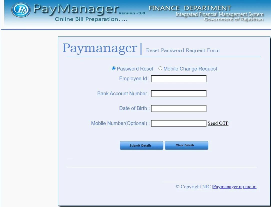 Rajasthan Teachers Web Portal Reset Paymanager Password
